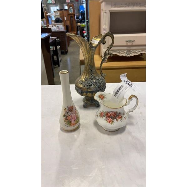 PARAGON ELIZABETH ROSE CREAMER, CROWN DEVON VASE AND METAL PITCHER MARKED ITALY