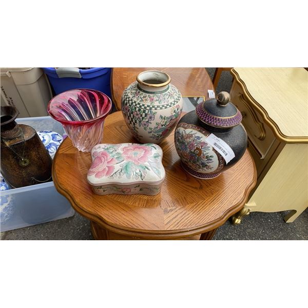 LIDDED JAR, ART GLASS VASE, LIDDED DISH AND VASE