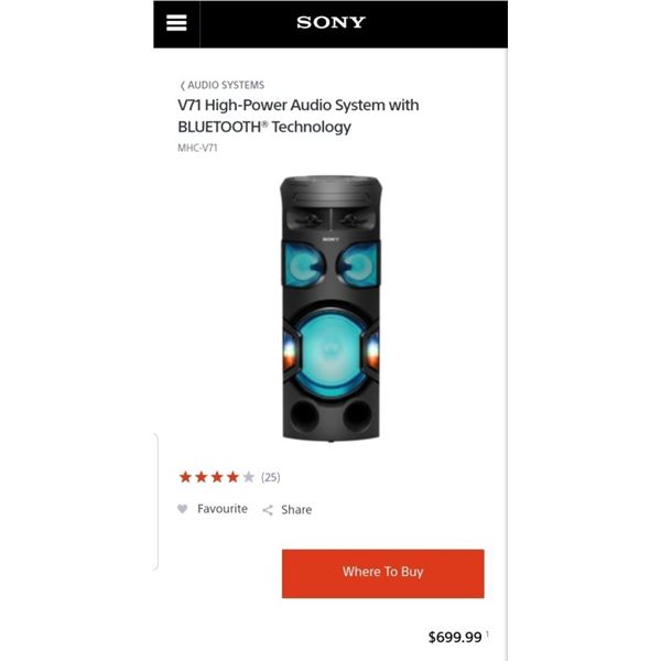 Sony V71 High-Power Audio System with BLUETOOTH® Technology - Retail $699.99 - working