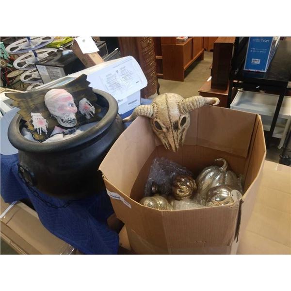 BOX OF HALLOWEEN DECORATIONS, PUMPKINS, CAULDRON, GOAT SKULL MASK