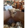 Image 3 : BOX OF HALLOWEEN DECORATIONS, PUMPKINS, CAULDRON, GOAT SKULL MASK