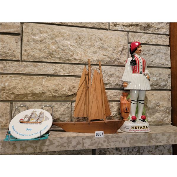 Wooden Ship & Mexican Decorative Bottle