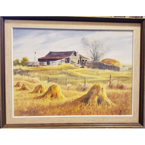 “Barn And Stooks” Framed Watercolor Painting