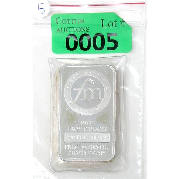 5 Oz. .999 Fine Silver First Majestic Bar