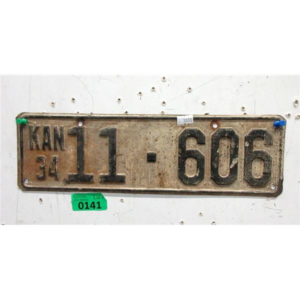 Rare USA 1934 Kansas License Plate- Single Plate