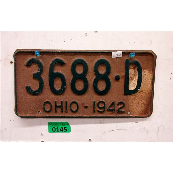 Rare USA 1942 Ohio License Plate - Single Plate