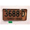 Image 1 : Rare USA 1942 Ohio License Plate - Single Plate