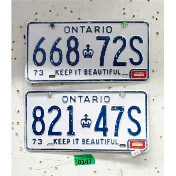 Two 1973 Ontario License Plates - Single Plates