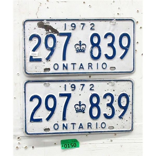 Pair of 1972 Ontario License Plates