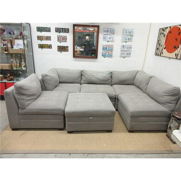 5 Piece Grey Fabric Sectional Plus Ottoman