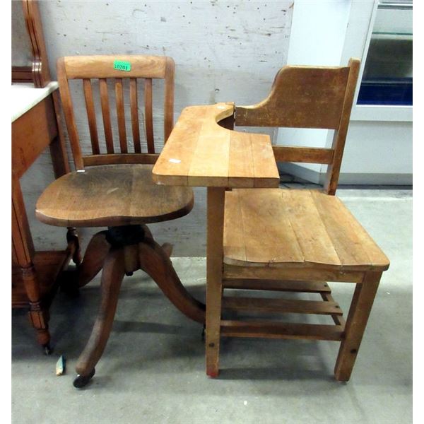 Vintage Oak Office Chair and Pine School Desk