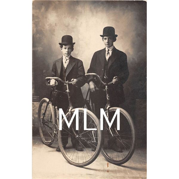 Two Boys In Suits & Hats Holding Bicycles Photo Postcard