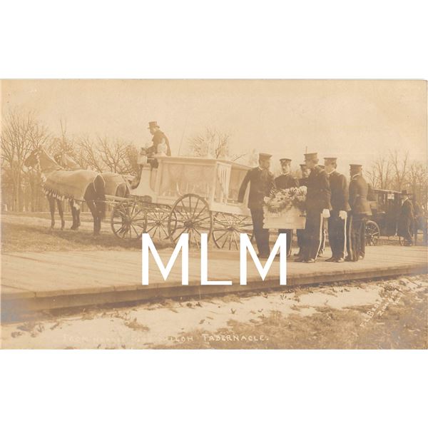 "From Horse into Shiloh Tabernacle" Funeral Casket From Horse Drawn Hearse Photo Postcard