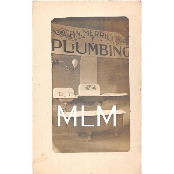 H.V. Merrill Plumbing Advertisement Sink & Tub Photo Postcard