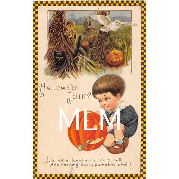 Winsch Freixas Checkered Border Halloween Jollity Boy & Pumpkin Holiday Postcard