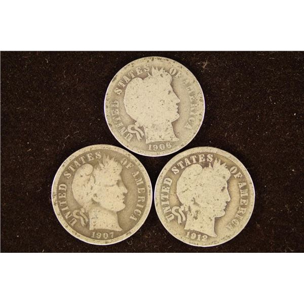 1906, 1907 & 1912-D BARBER DIMES