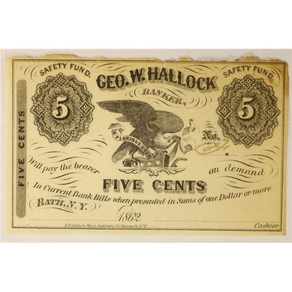 1862 GEO. W. HALLOCK FIVE CENT OBSOLETE BANK NOTE