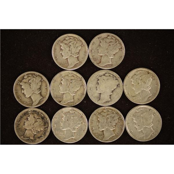 10 ASSORTED MERCURY DIMES, 1919, 1939-D & 8-1940'S