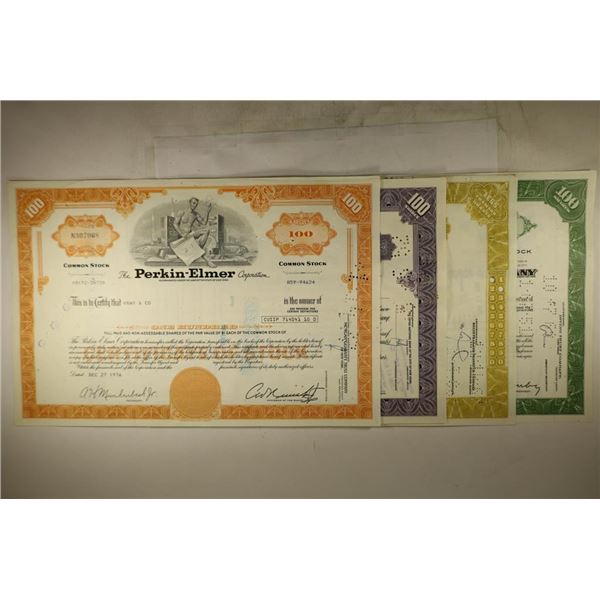 4 ASSORTED STOCK CERTIFICATES PERKIN-ELMER