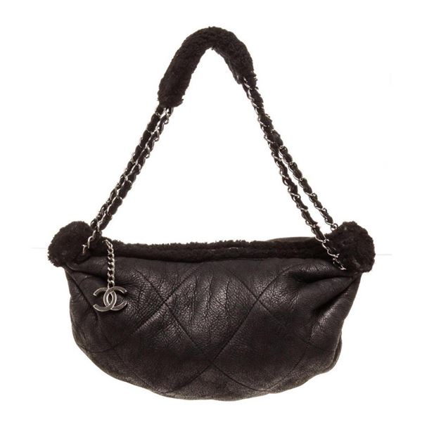 Chanel Black Soft Lambskin Shearling Chain Shoulder Handbag