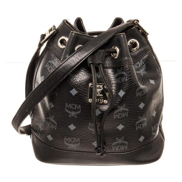 MCM Black Nylon Drawstring Bucket Bag