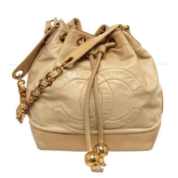 Chanel Beige Leather Drawstring Bucket Bag