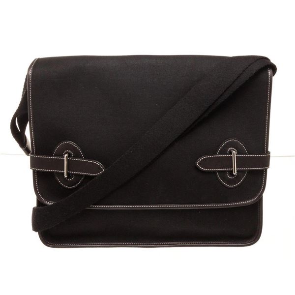 Hermes Black Canvas Leather Buena Ventura Shoulder Bag