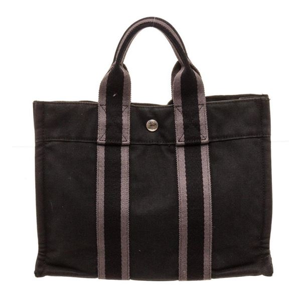 Hermes Black Canvas Leather Herline PM Tote Bag