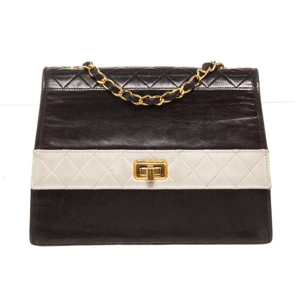 Chanel Black  White Leather Vintage Trapeze CC Flap Bag