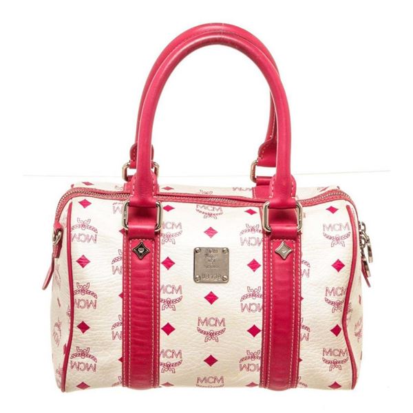 MCM Pink Canvas Leather Boston Bag