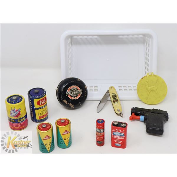 SMALL MISC COLLECTIBLES BASKET; VINTAGE BATTERIES,