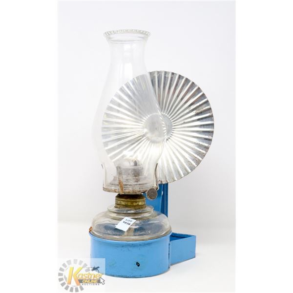ANTIQUE NU-STYLE OIL LAMP W/ REFLECTOR & BLUE