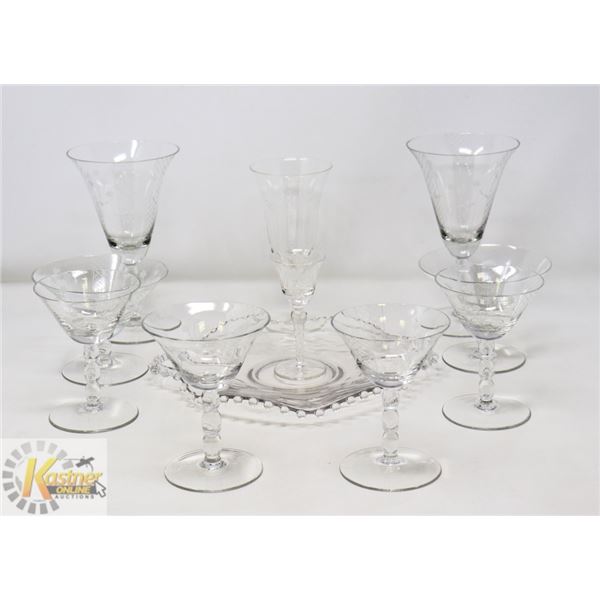 11PC ASSORTED FINE CRYSTAL FLORAL ETCHED GLASS