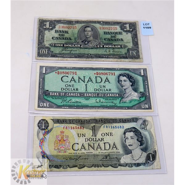 LOT OF 3- 1937/ 1954 & 1973 CANADIAN $1 BILLS