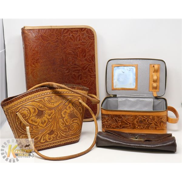 LOT OF ESTATE PRESSED LEATHER PURSES, BINDER &