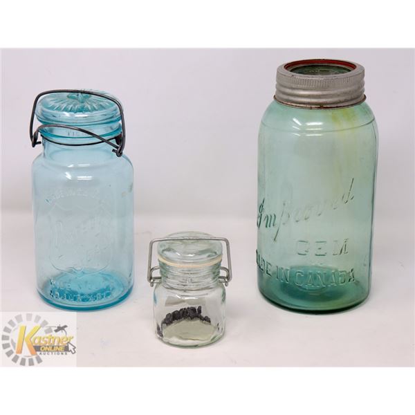 LOT OF 3- VINTAGE GLASS JARS, BLUE PERFECT SEAL,