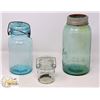 Image 1 : LOT OF 3- VINTAGE GLASS JARS, BLUE PERFECT SEAL,
