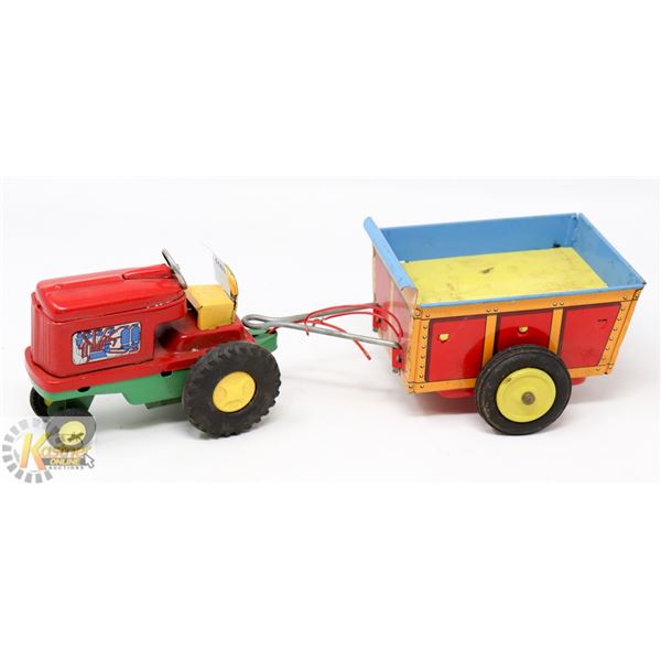 JAPAN MADE VINTAGE TIN TOY TRACTOR WITH TRAILER