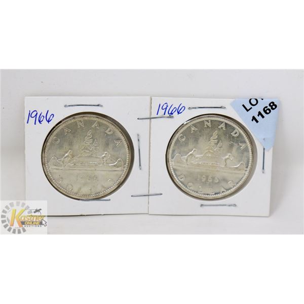LOT OF 2- 1966 CANADA SILVER ONE DOLLAR COINS