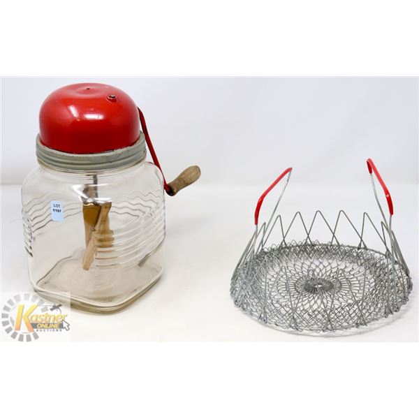 ANTIQUE TABLE TOP BUTTER CHURN AND STRAINER