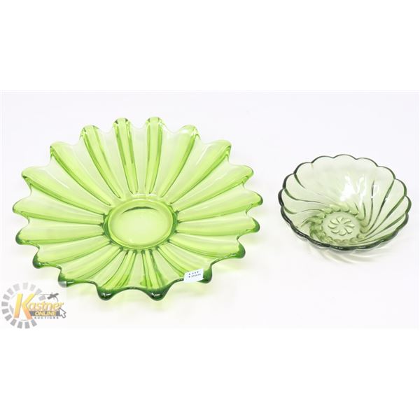 LOT OF 2- MCM GREEN GLASS SERVING DISHES; PLATTER