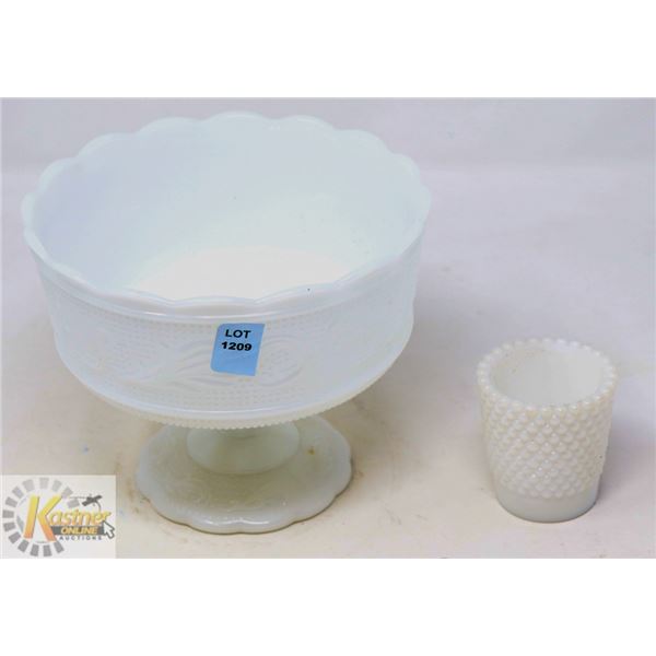 2PC HOBNAIL MILK GLASS DISHES; E.O. BRODY COMPOTE &