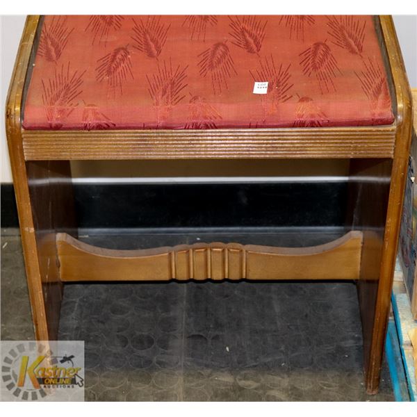 VINTAGE WOODEN VANITY STOOL W/ UPHOLSTERED TOP