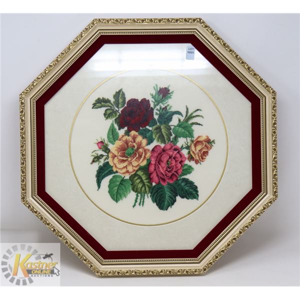 FRAMED FLORAL NEEDLEPOINT HEXAGON PICTURE-