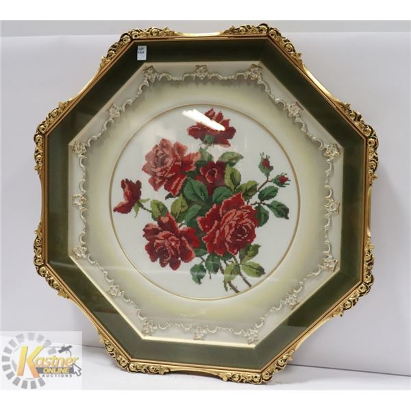 FRAMED RED FLORAL NEEDLEPOINT HEXAGON PICTURE-