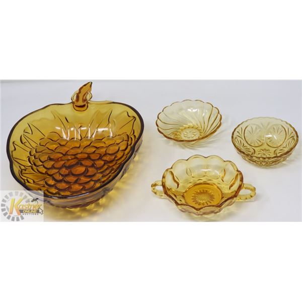 4PCS OF AMBER GLASSWARE; LARGE FRUIT BOWL & 3