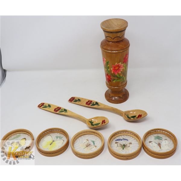 TRAY W/ HAND PAINTED WOODEN VASE/ SPOONS &