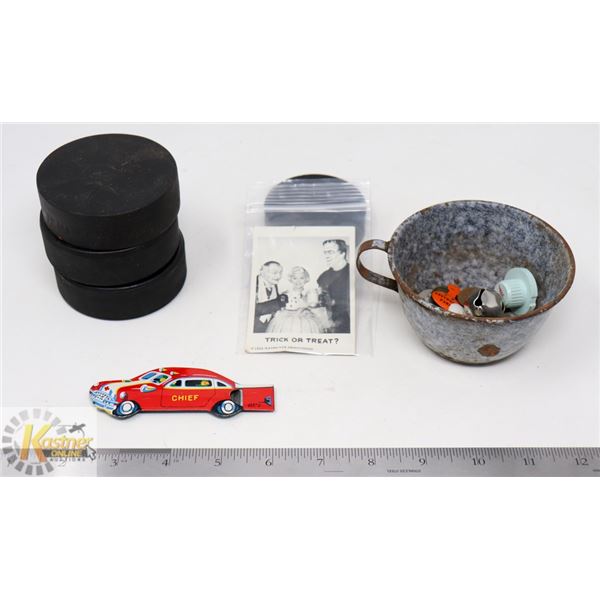 TRAY OF ESTATE ITEMS; HOCKEY PUCKS & MISC