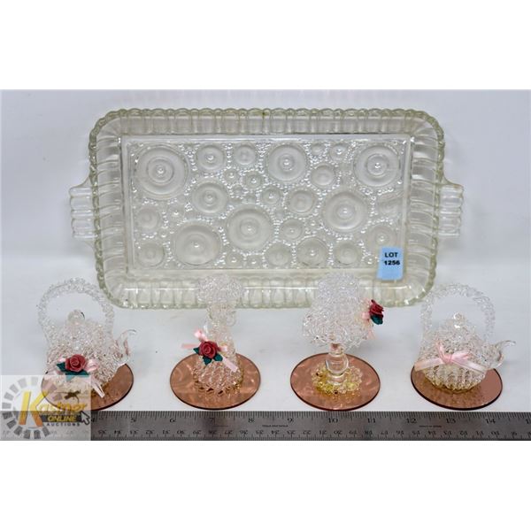 GLASS TRAY WITH ORNAMENTAL FIGURINES