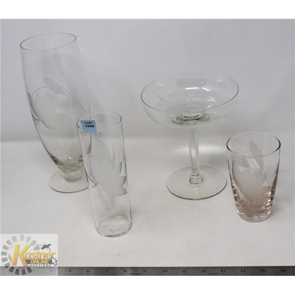 4 PIECES OF LARGE ESTATE FLORAL ETCHED GLASSWARE
